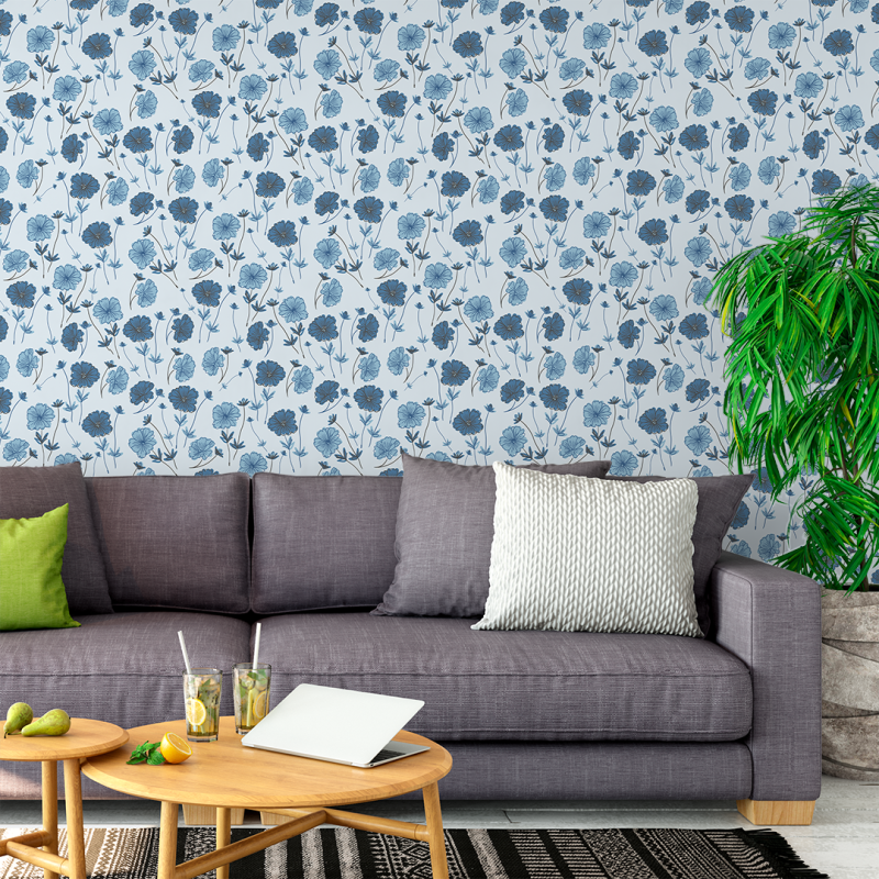 Papier peint floral sur fond bleu et fleurs