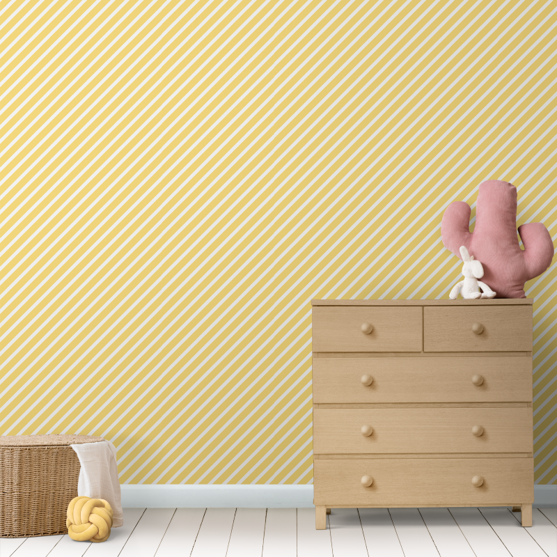 Papel pintado Rayas diagonal blanco con fondo amarillo