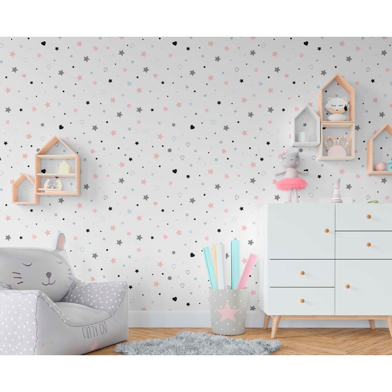 Carta da parati per bambini con cuori e stelle