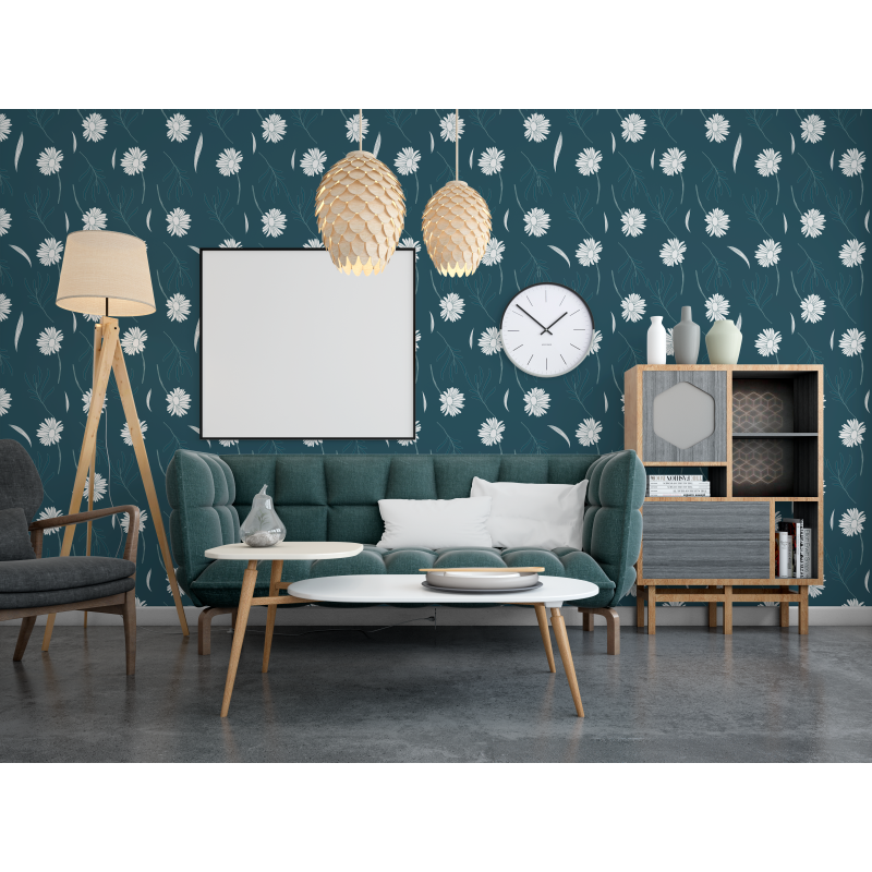 Papel Pintado Floral Margaritas Blancas Con Fondo Verde