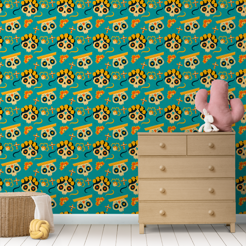 Dia de Muertos Juvenile Wallpaper Blue