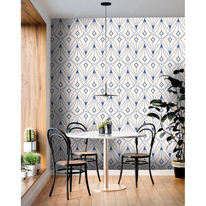 Geometrische Fächertapete in Creme und Blau