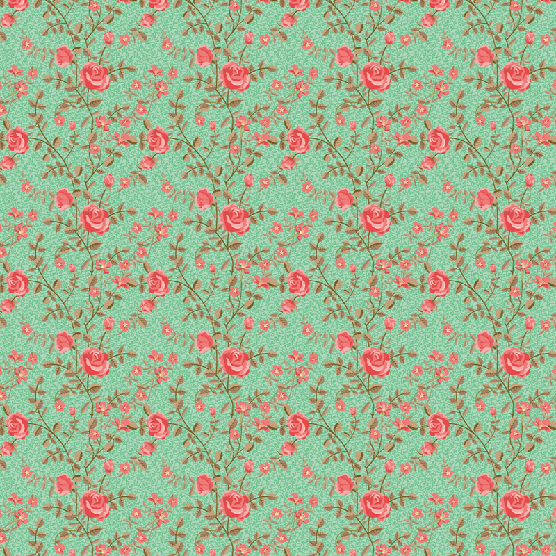 Papel Pintado Floral Rosas estilo los 50'S fondo verde