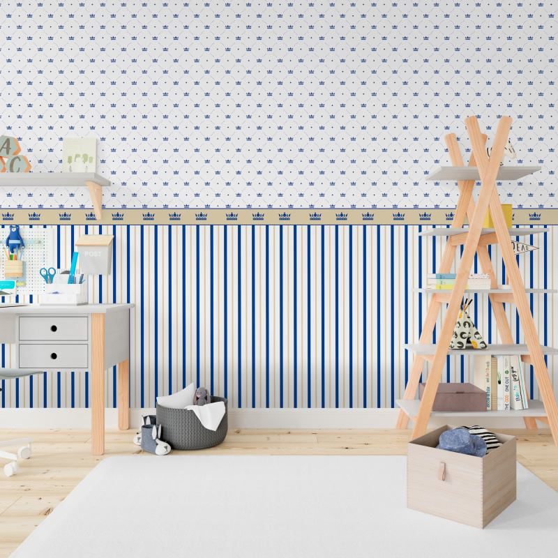 Wallpaper for children Crowns and stripes King blue