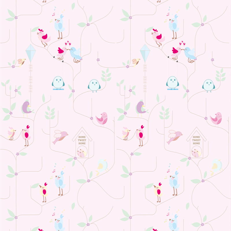 Children's wallpaper Birds singing in pink