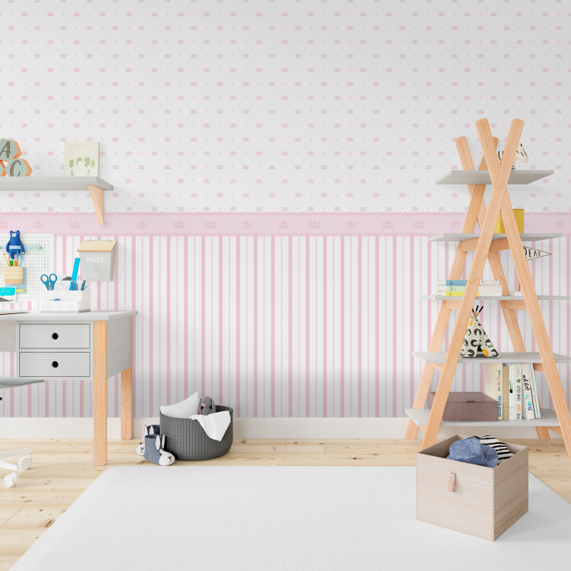 Children's wallpaper crowns and stripes in light pink