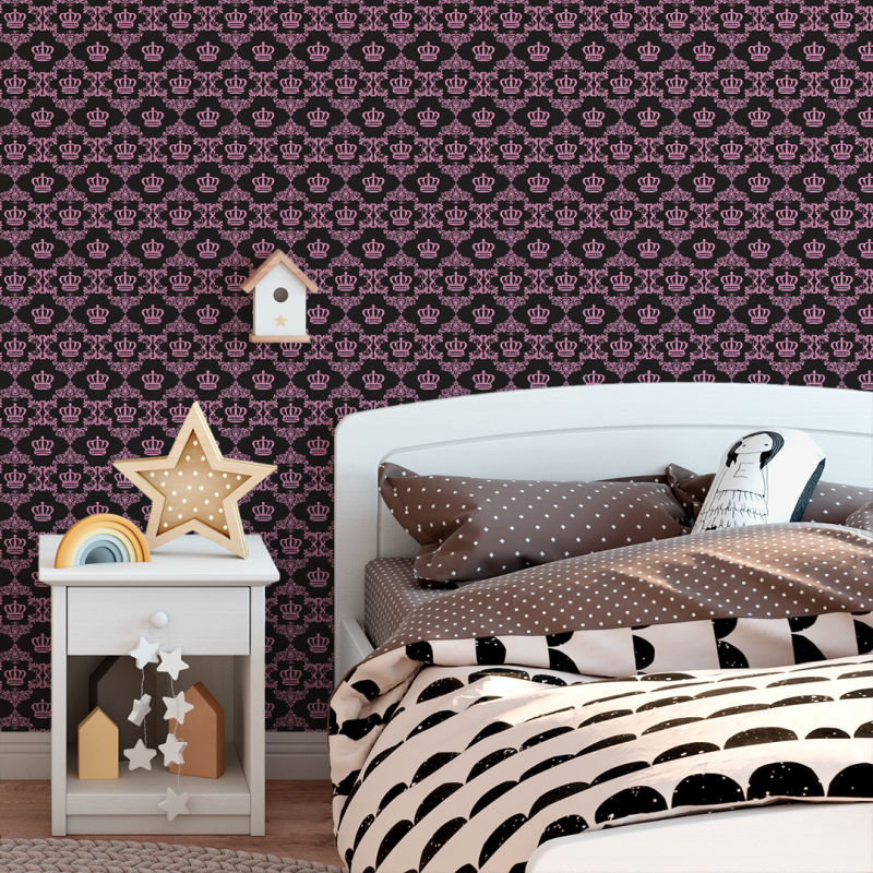 Papier peint pour enfants couronnes en noir et fuchsia