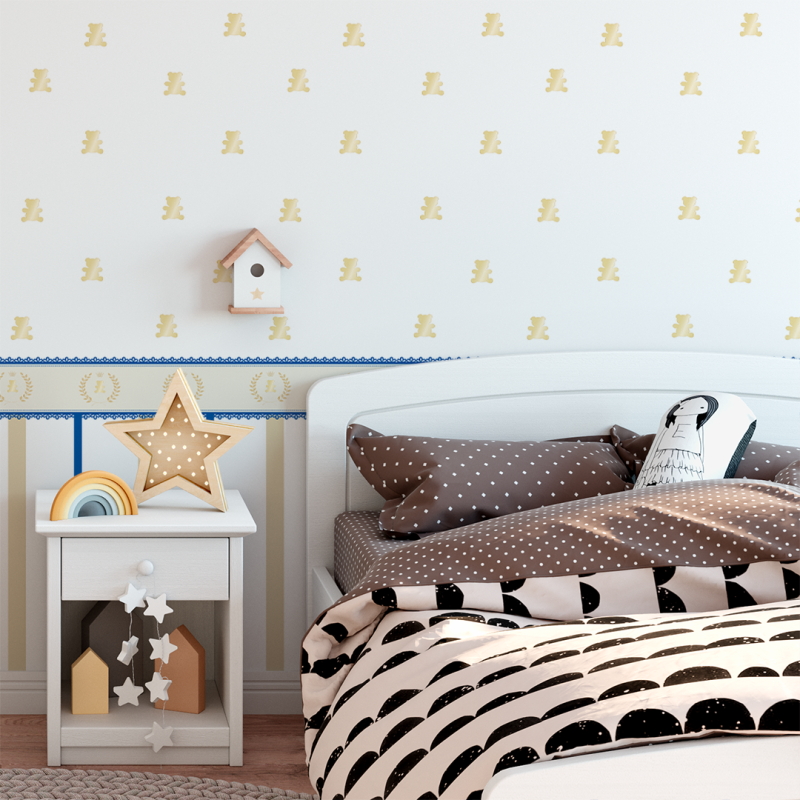 Children's wallpaper crowns, teddy bears and golden stripes