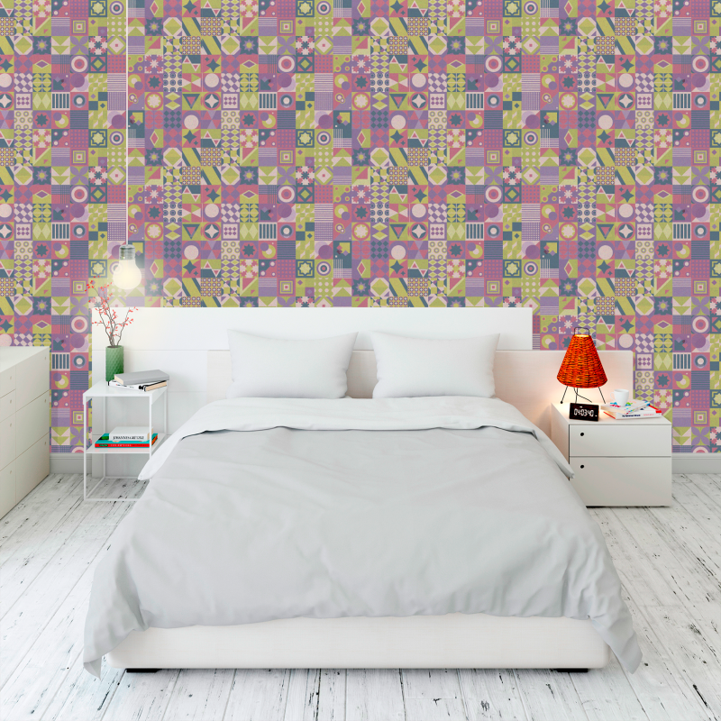 Papier peint carrelage violet et vert