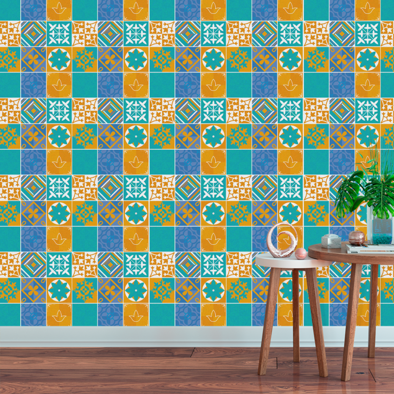 Carta da parati piastrelle arancioni e blu