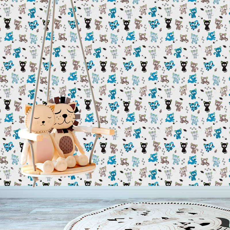 Papier peint animal avec des chatons bleus et gris